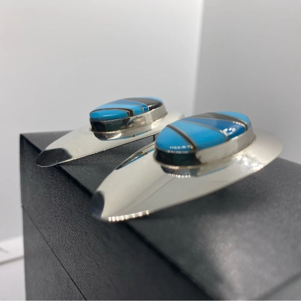 Sterling Silver Block Multi Stone Inlay Post Earrings SIGNED turquoise Navajo - Picture 6 of 16